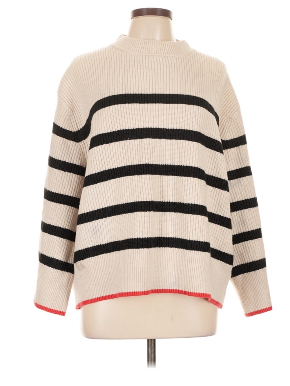 Zara Cream Crewneck Sweater with Black Stripes and Coral Trim